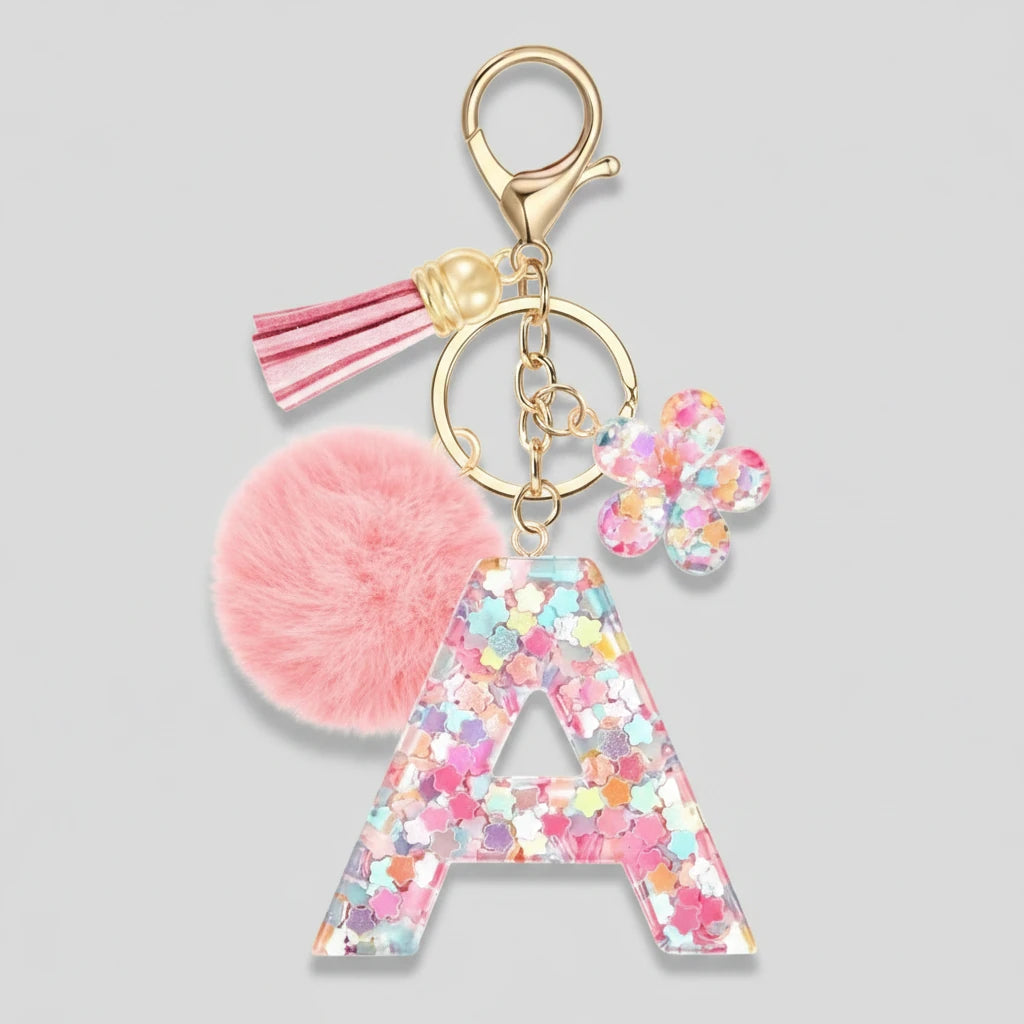Porte-clés rose avec initiales, lettre A