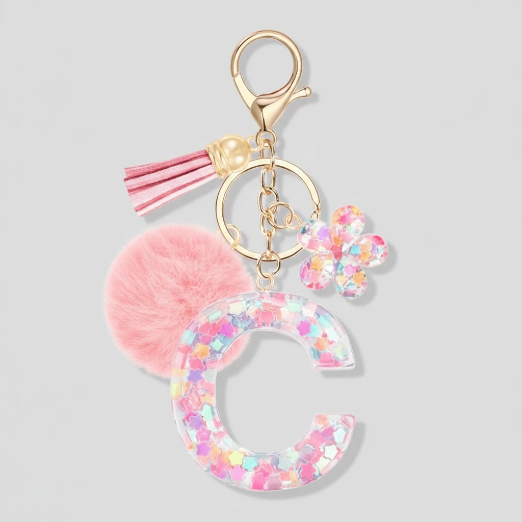 Porte-clés rose avec initiales, lettre C