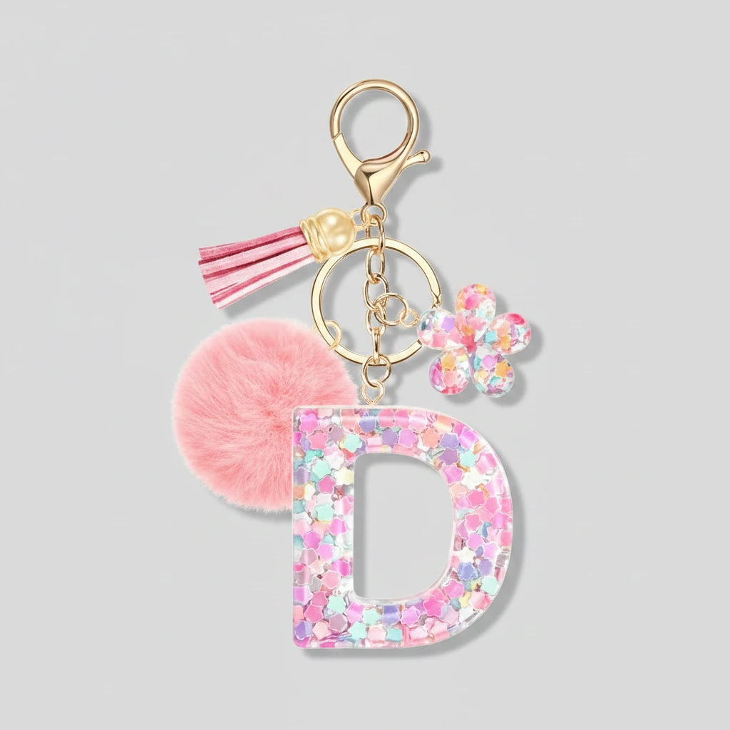 Porte-clés rose avec initiales, lettre D