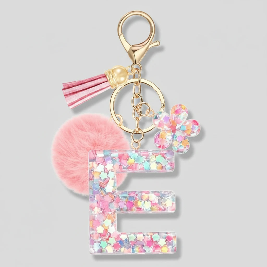 Porte-clés rose avec initiales, lettre E