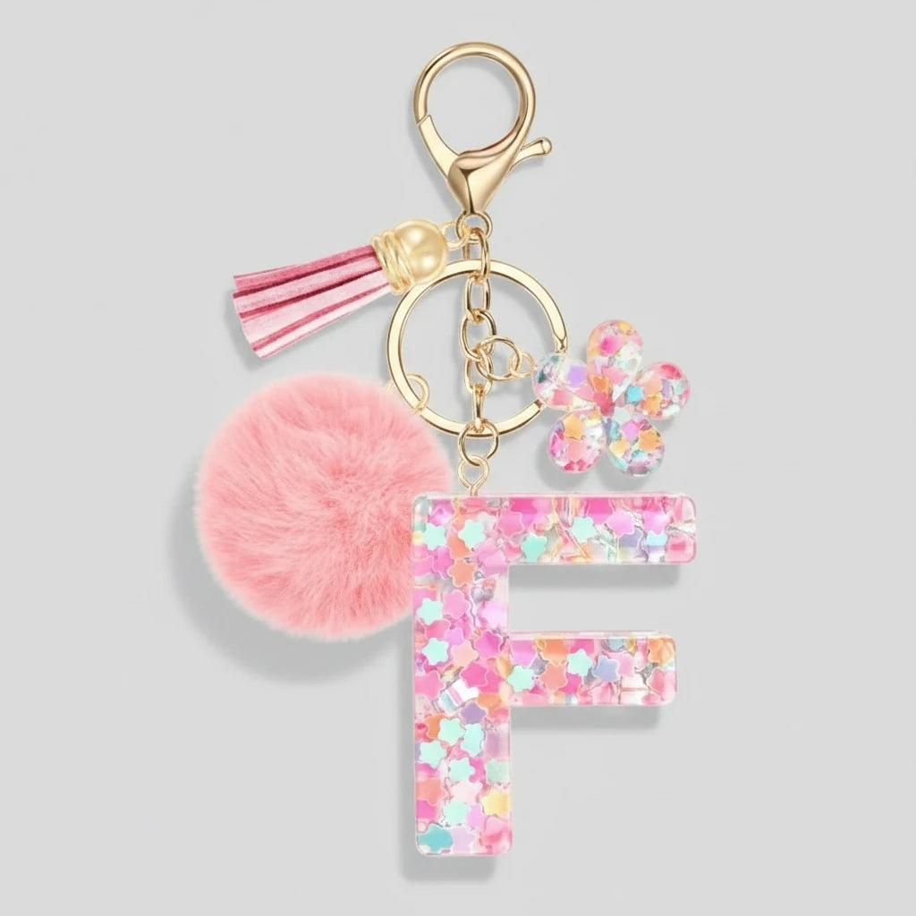 Porte-clés rose avec initiales, lettre F
