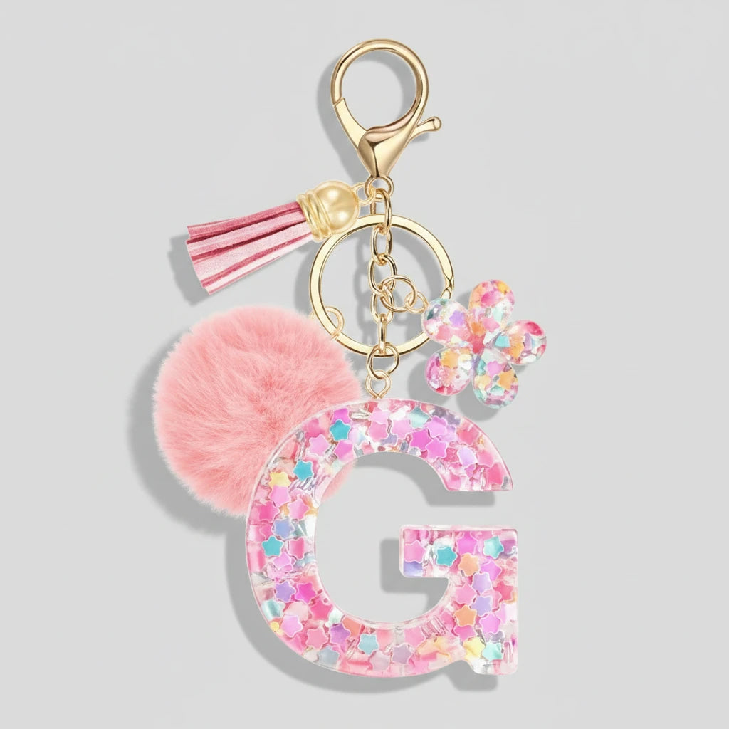 Porte-clés rose avec initiales, lettre G