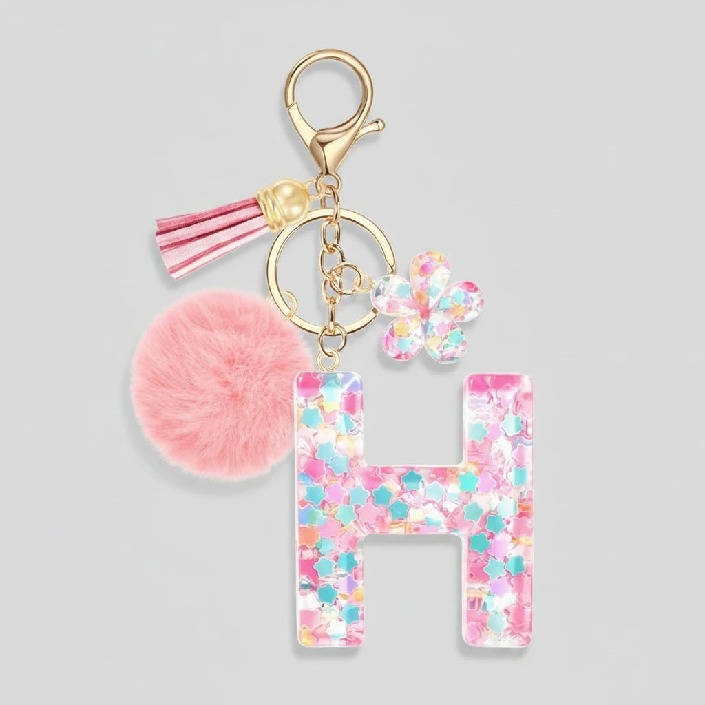 Porte-clés rose avec initiales, lettre H