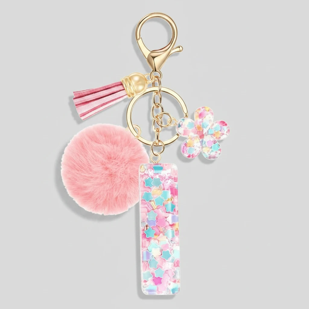 Porte-clés rose avec initiales, lettre I