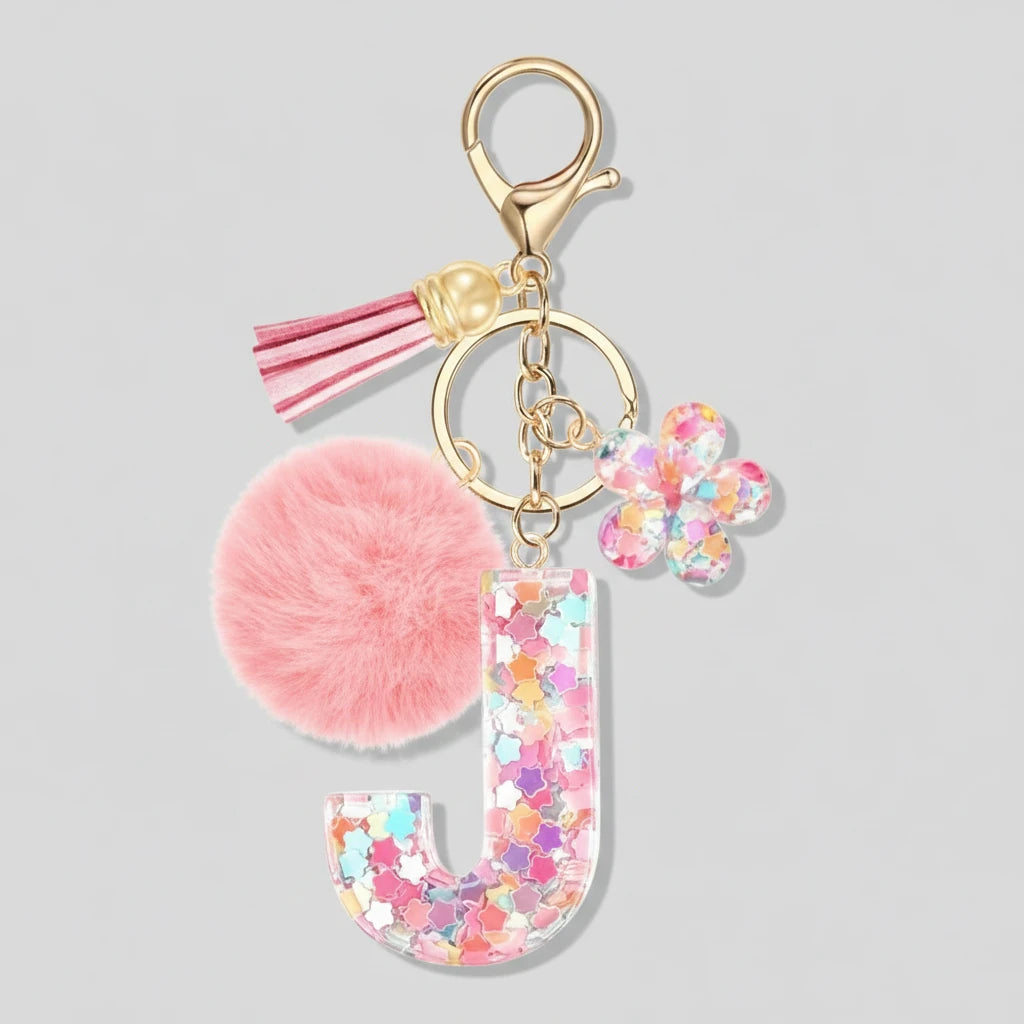 Porte-clés rose avec initiales, lettre J