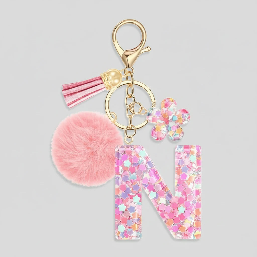 Porte-clés rose avec initiales, lettre N