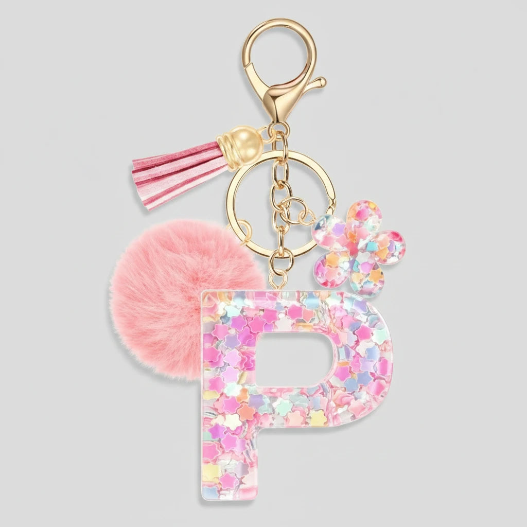Porte-clés rose avec initiales, lettre P