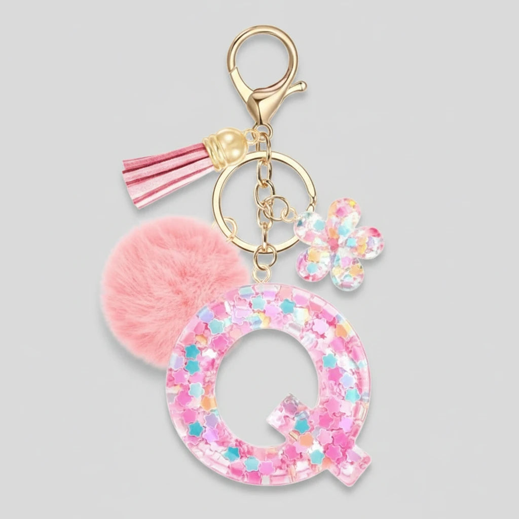 Porte-clés rose avec initiales, lettre Q