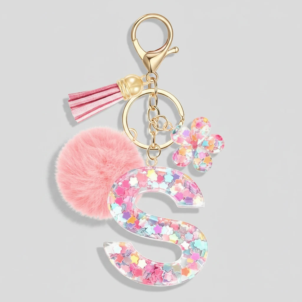 Porte-clés rose avec initiales, lettre S