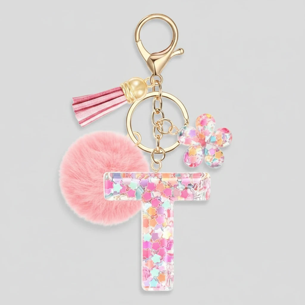 Porte-clés rose avec initiales, lettre T