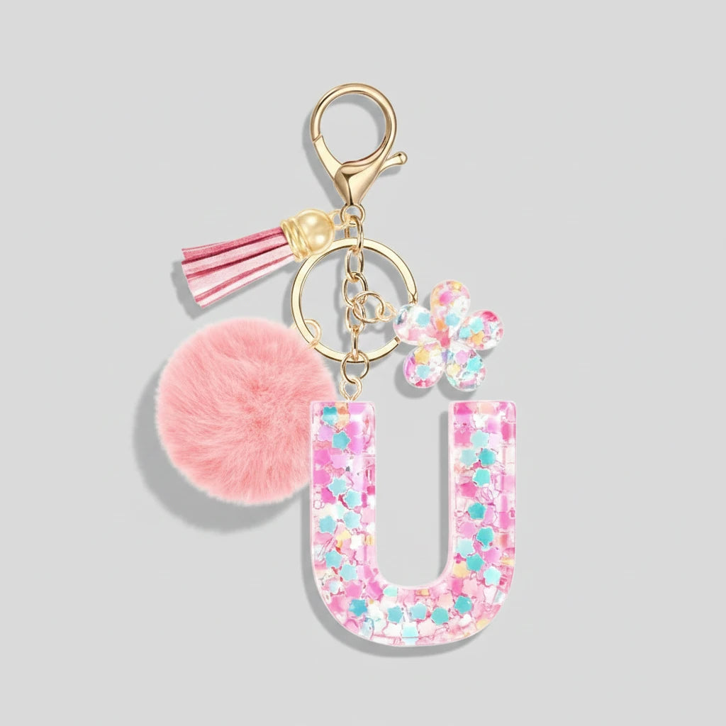 Porte-clés rose avec initiales, lettre U
