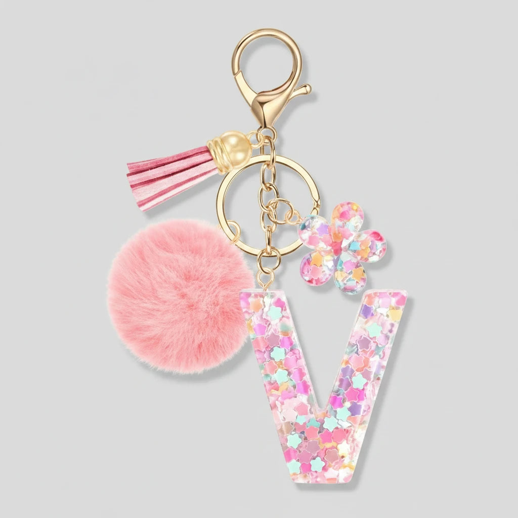 Porte-clés rose avec initiales, lettre V