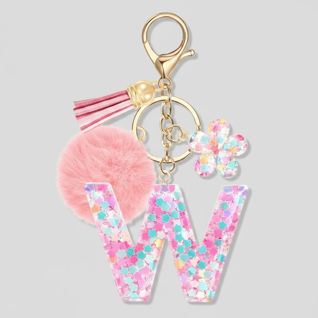 Porte-clés rose avec initiales, lettre W