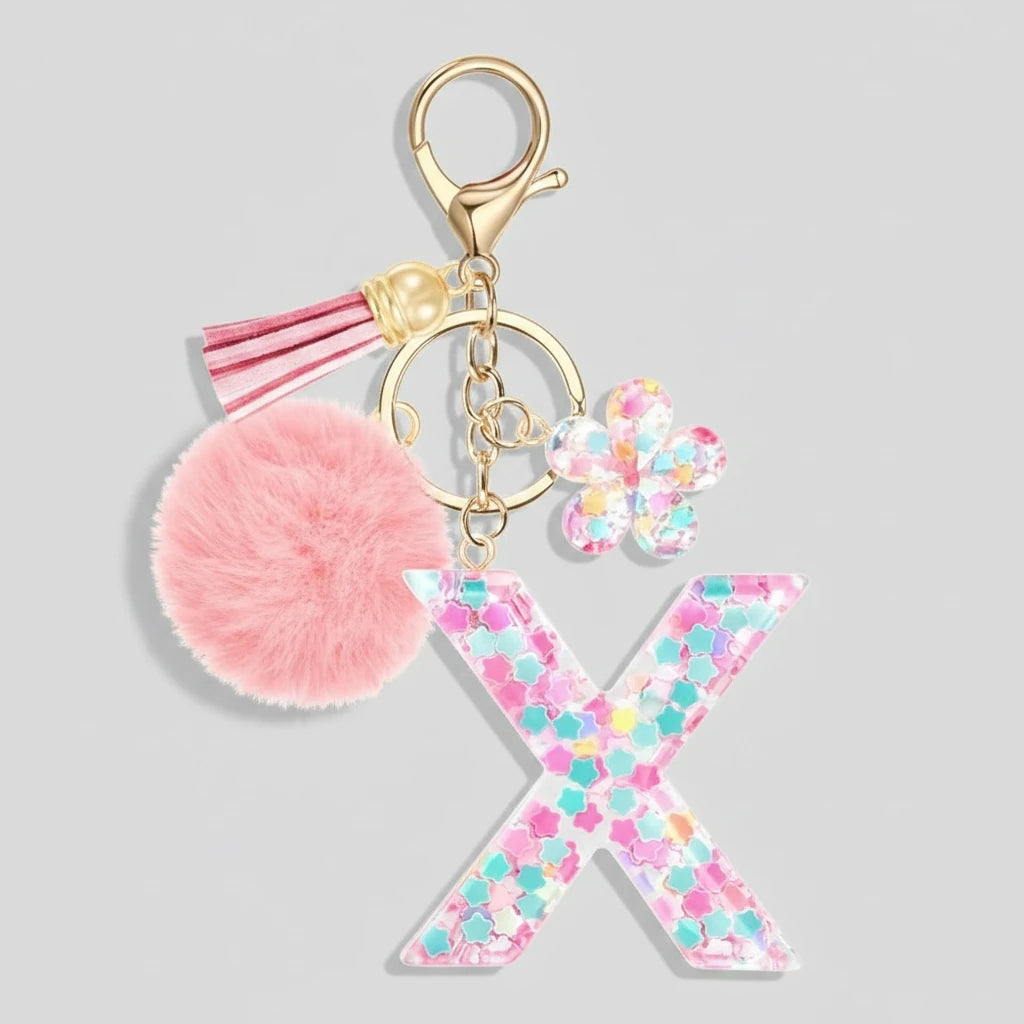 Porte-clés rose avec initiales, lettre X